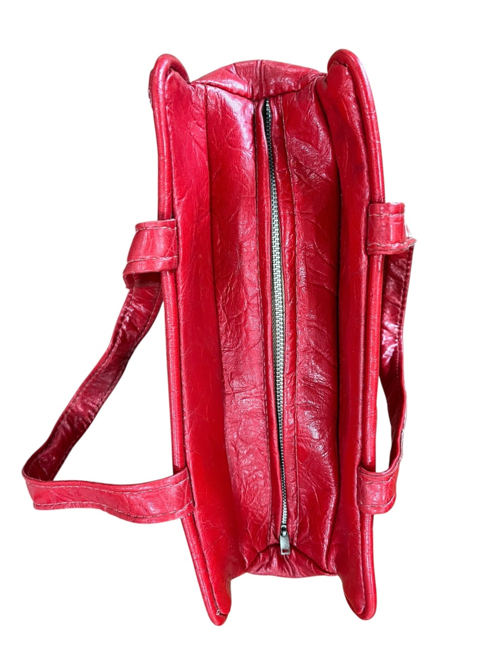 Vintage 1970s Cherry Red Crinkle Vinyl Tote Bag Mod Pleated Shoulder Purse - Picture 5 of 8